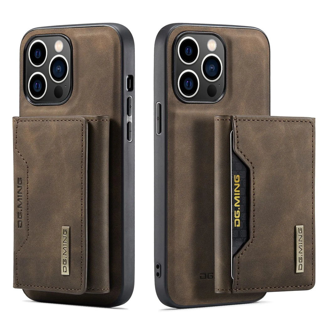 Magnetic card holder split phone case for iPhone in retro PU leather, black colour, with card slot and magnetic attachment