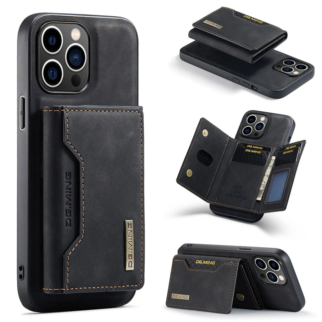 Magnetic card holder split phone case for iPhone in retro PU leather, black colour, with card slot and magnetic attachment