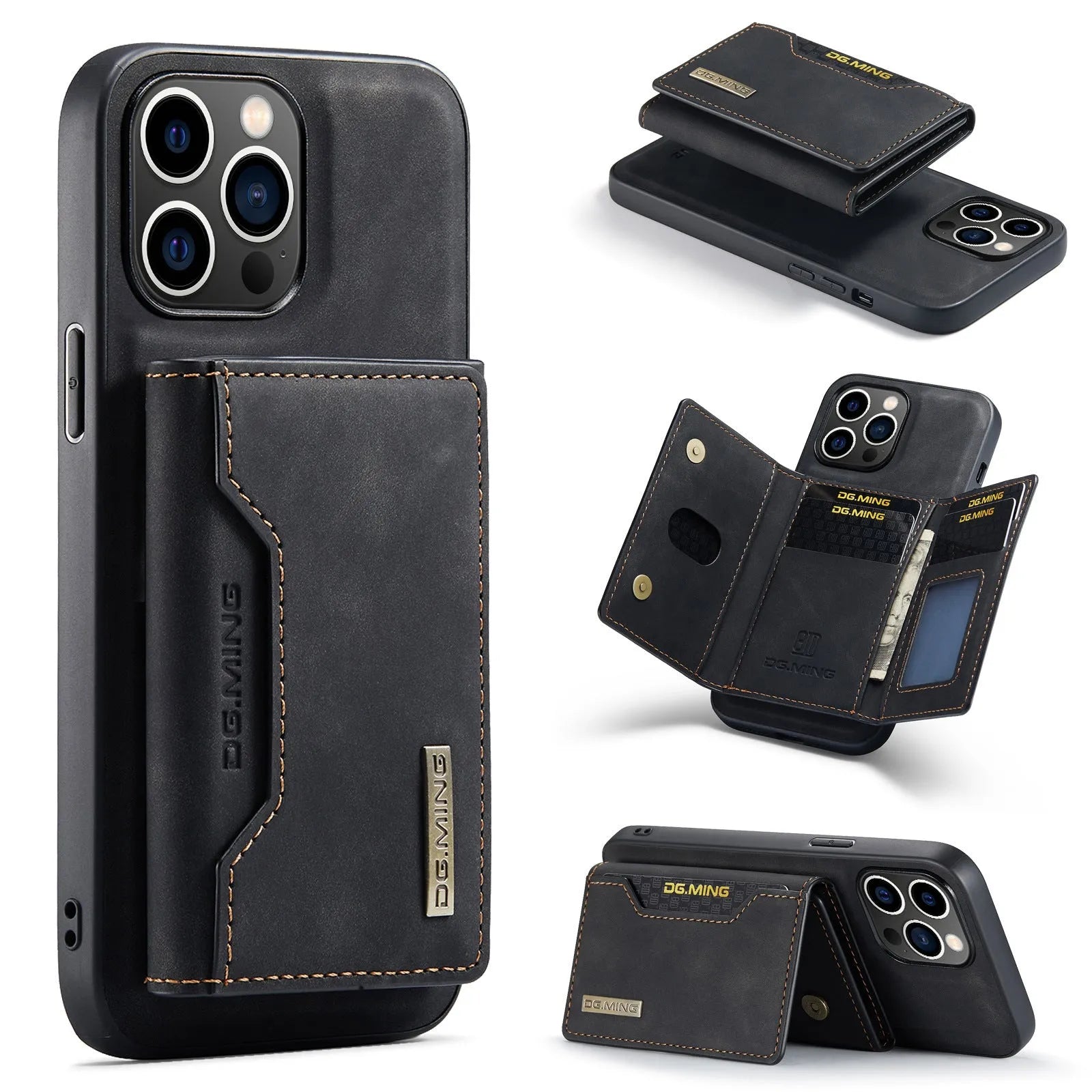 Magnetic card holder split phone case for iPhone in retro PU leather, black colour, with card slot and magnetic attachment