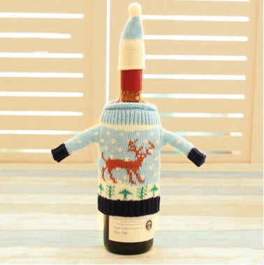 Knitted Christmas Bottle Set with festive designs including Joy, Christmas tree, elk, and snowman