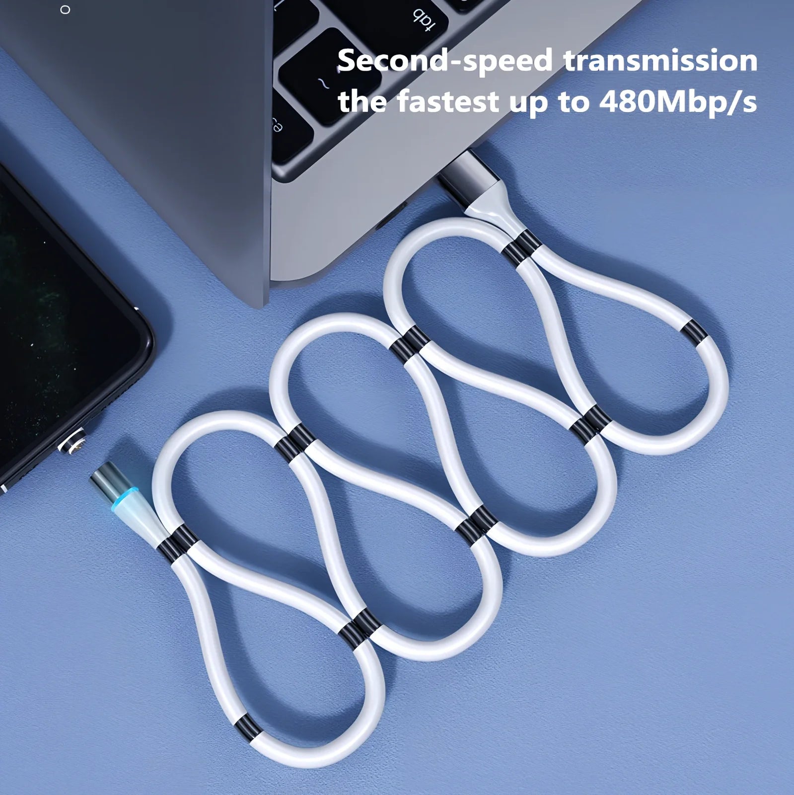 Black 3A magnetic fast charging data cable with Type-C and Apple heads, 1.8m length for iPhone and Android