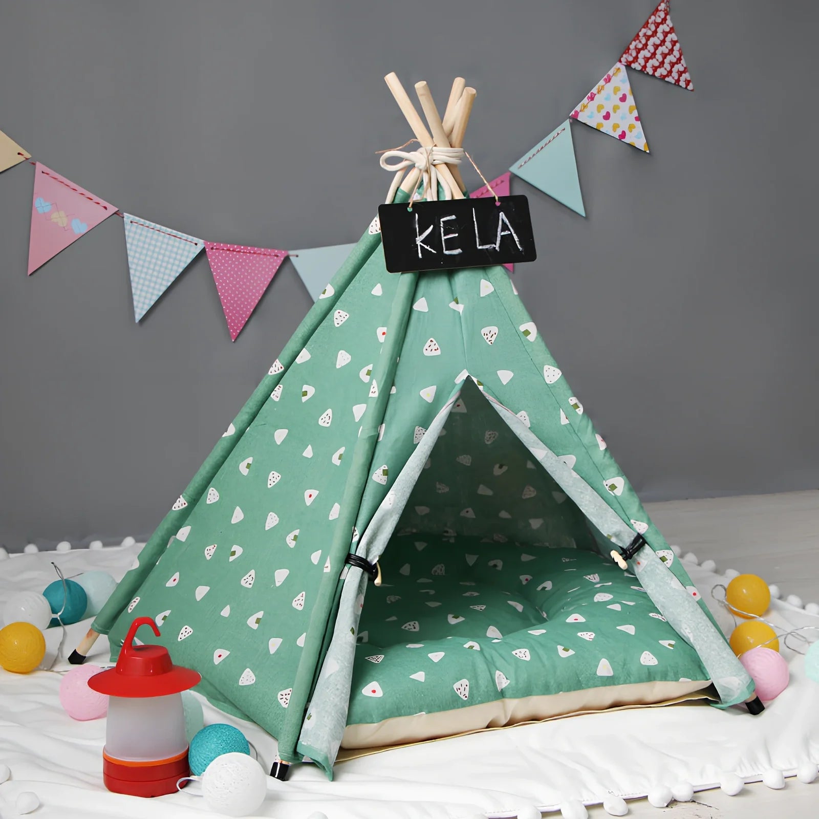 Green triangle cotton pet tent kennel assembled with wood sticks, L size 60x60x70cm, optional cushion for dog cat warmth