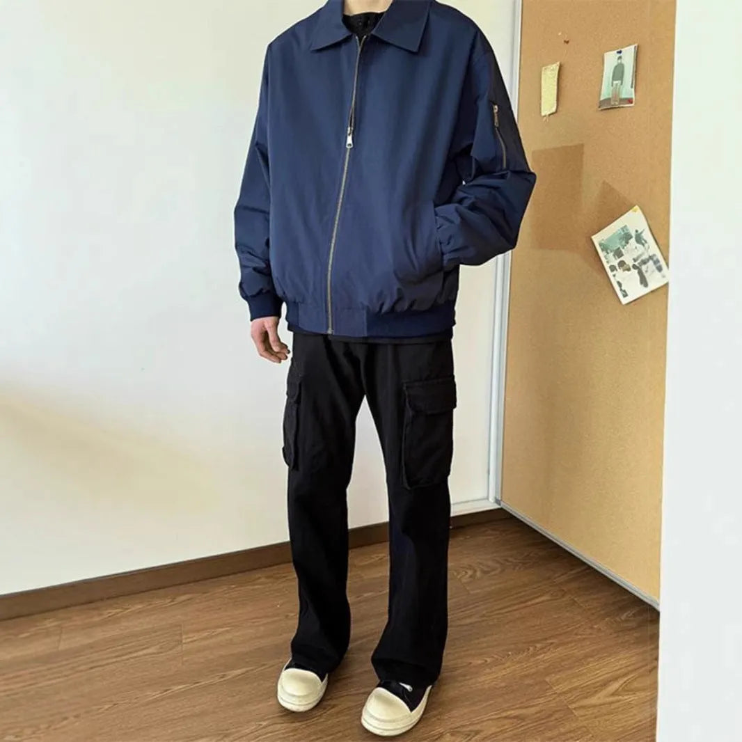 Navy blue short baseball uniform jacket for teenagers loose fit front view