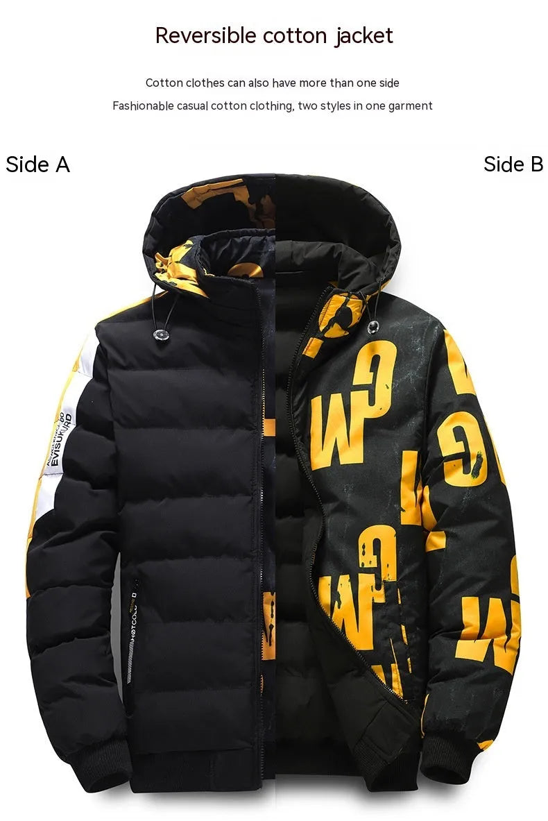 Men's winter thickened coat jacket with detachable collar and hood in solid black colour, regular fit, size M to 5XL