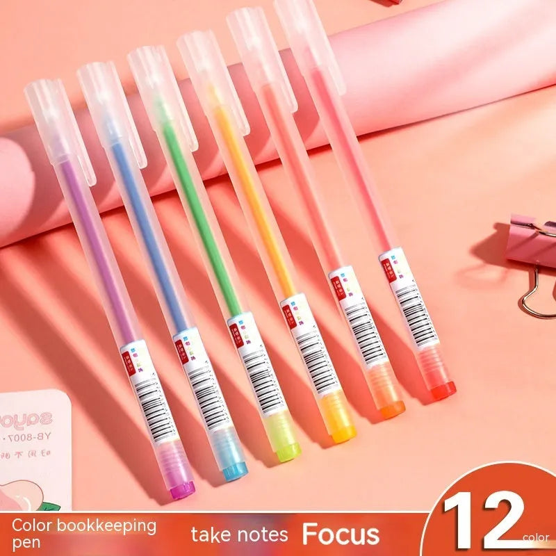 Set of 12 coloured gel pens with 0.5mm tips and plastic barrels for stationery and writing