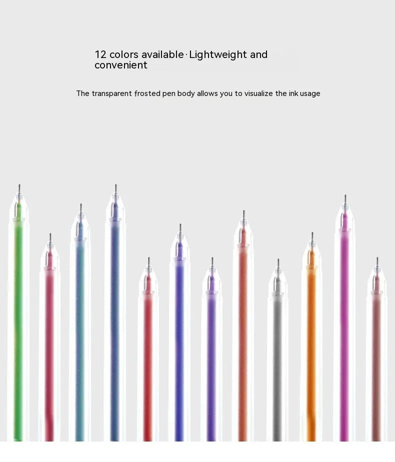 Set of 12 coloured gel pens with 0.5mm tips and plastic barrels for stationery and writing