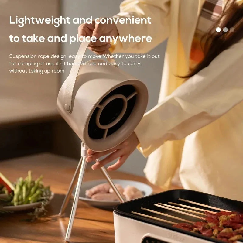 Milky white portable desktop kitchen extractor fan with tripod and USB cable