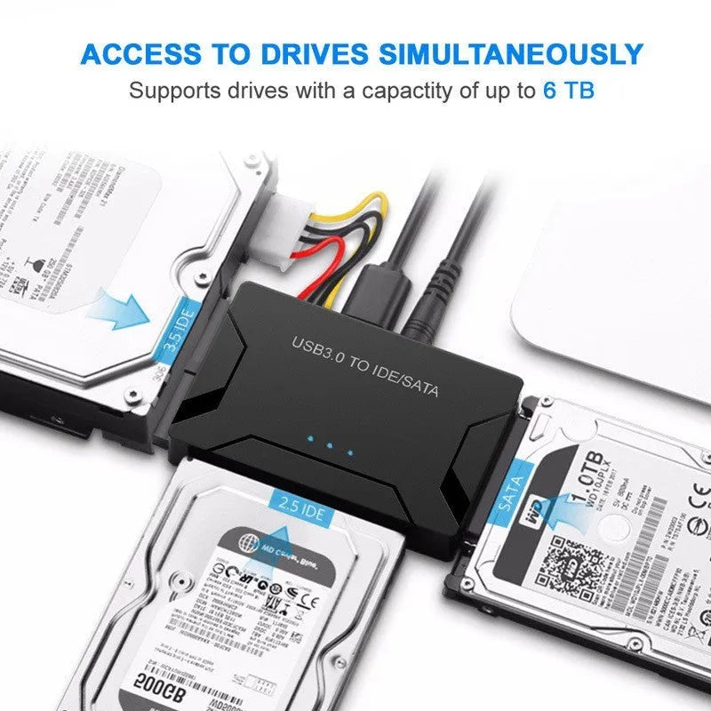 USB to IDE multifunctional converter adapter with SATA and IDE ports, power supply, and cables