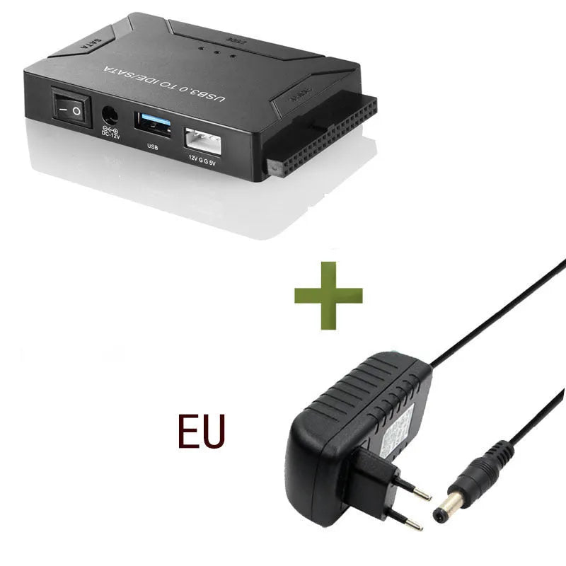 USB to IDE multifunctional converter adapter with SATA and IDE ports, power supply, and cables