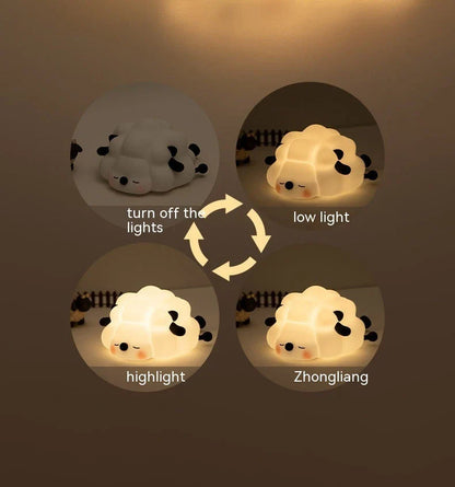 Cozy silicone sheep night light with adjustable brightness, auto-off timer, and USB charging for children's bedroom decor