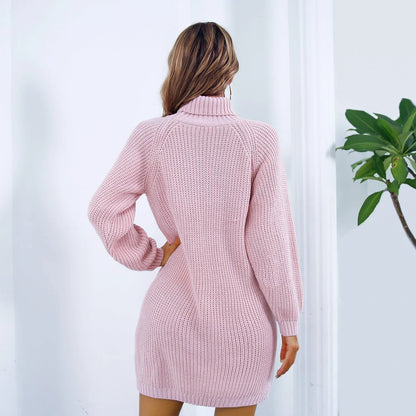 Stylish turtleneck sweater dress with unique button design in various colors including white, pink, and army green