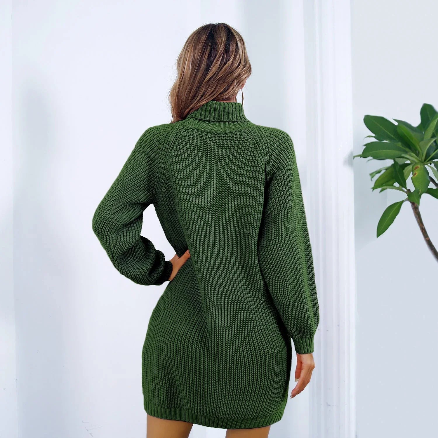 Stylish turtleneck sweater dress with unique button design in various colors including white, pink, and army green