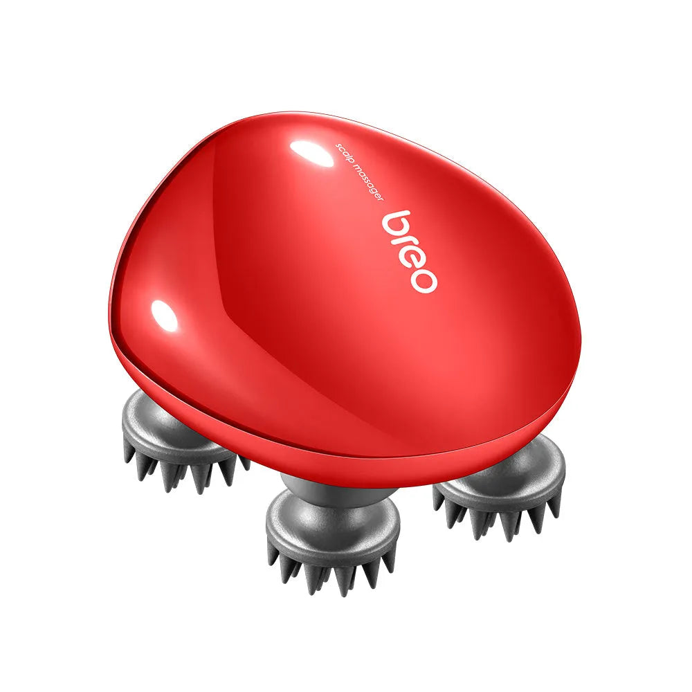 Red DC5V electric scalp massager showing compact 110x120x82mm design