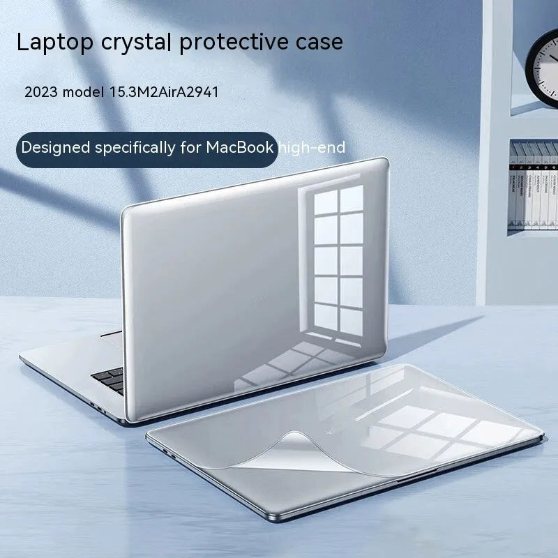 Plastic protective case for MacBook Air and Pro laptops in transparent and black colour options.