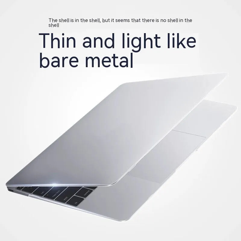 Plastic protective case for MacBook Air and Pro laptops in transparent and black colour options.