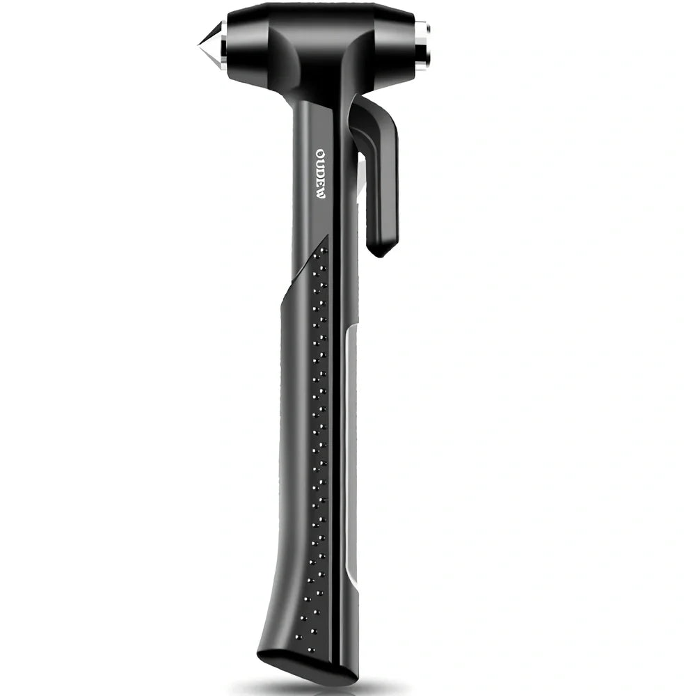 Black ABS window breaker safety hammer with pointed high carbon steel tip and seatbelt cutter, 10cm length for vehicle emergencies