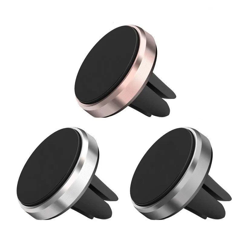 Rotating car magnetic phone holder in black on a dashboard air vent with a smartphone attached