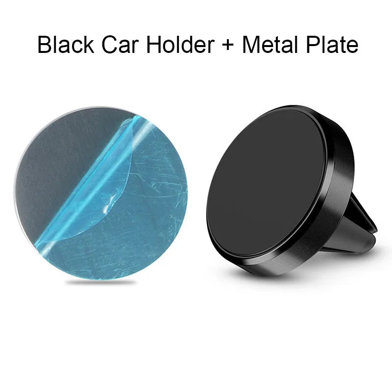 Rotating car magnetic phone holder in black on a dashboard air vent with a smartphone attached