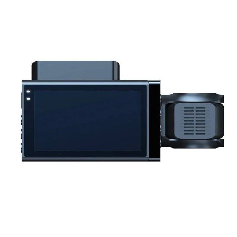 Black car dashboard camera with 5-inch screen, GPS antenna, and front/rear recording capability