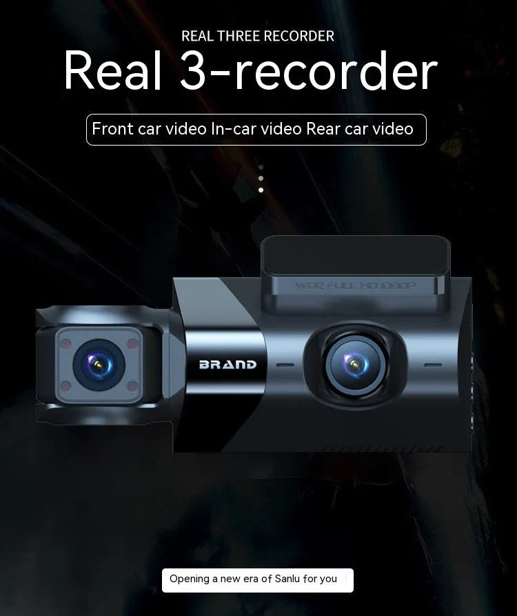 Black car dashboard camera with 5-inch screen, GPS antenna, and front/rear recording capability