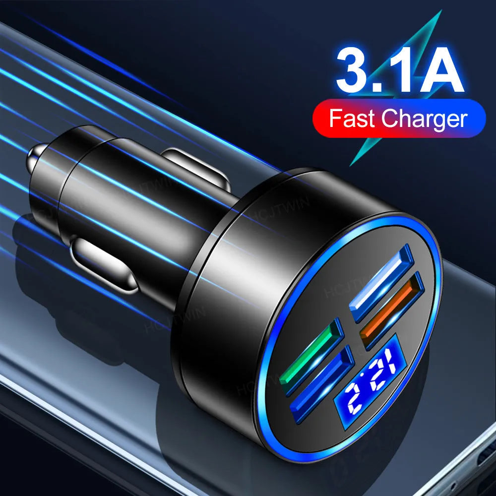Black four-port USB car charger with cigarette lighter connector