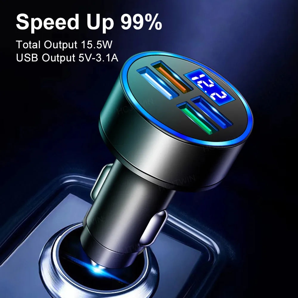 Black four-port USB car charger with cigarette lighter connector