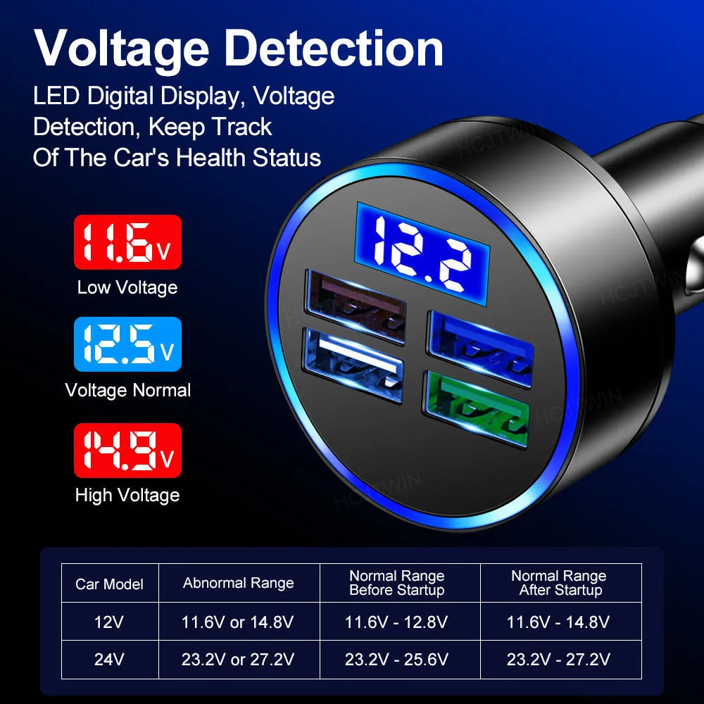 Black four-port USB car charger with cigarette lighter connector