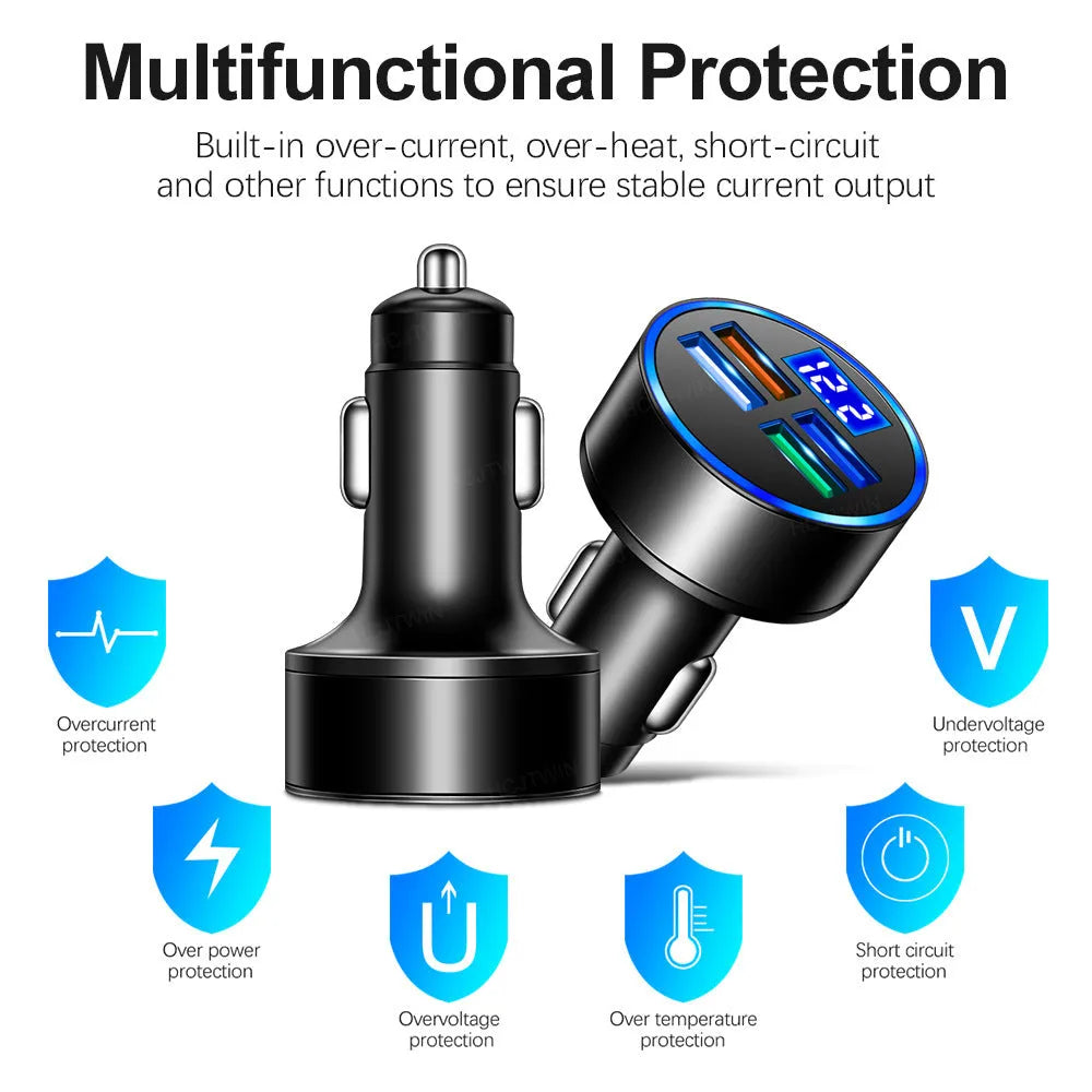 Black four-port USB car charger with cigarette lighter connector