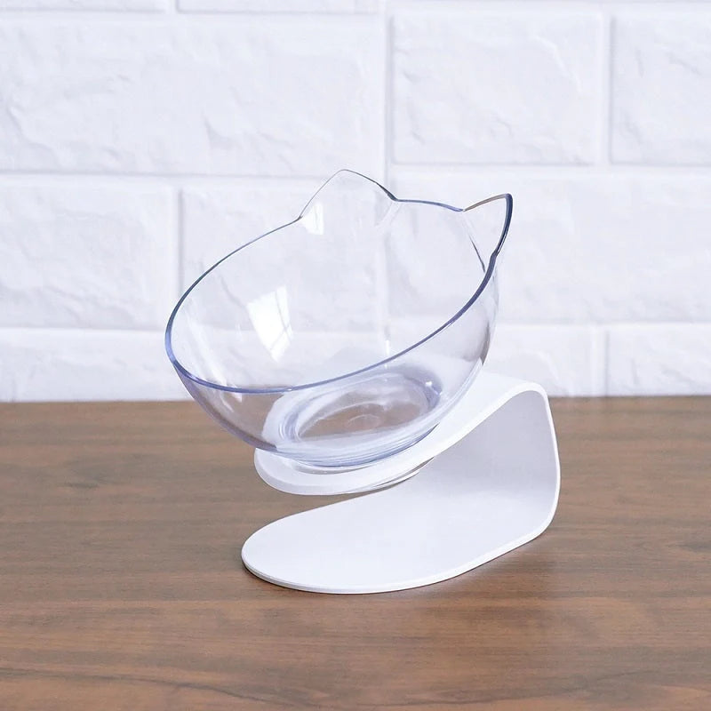 Cat Double Bowl with 15° tilt design for cervical support, transparent cat head and ears, food-grade plastic