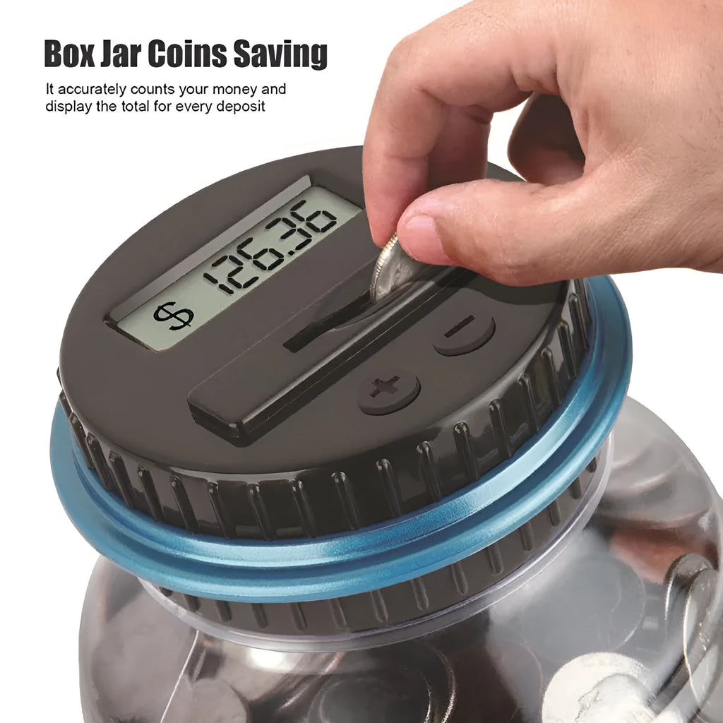 Transparent digital coin counting money box with LCD screen on lid, showing coin slot and clear jar body