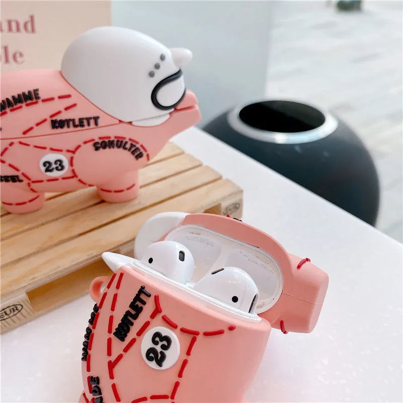 Pink piggy silicone earphone sleeve for AirPods with clamshell design and hook