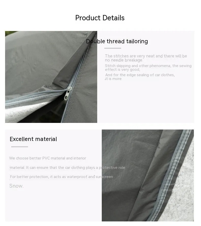 Grey PVC car cover for Volkswagen vehicles showing rainproof and sun protection features