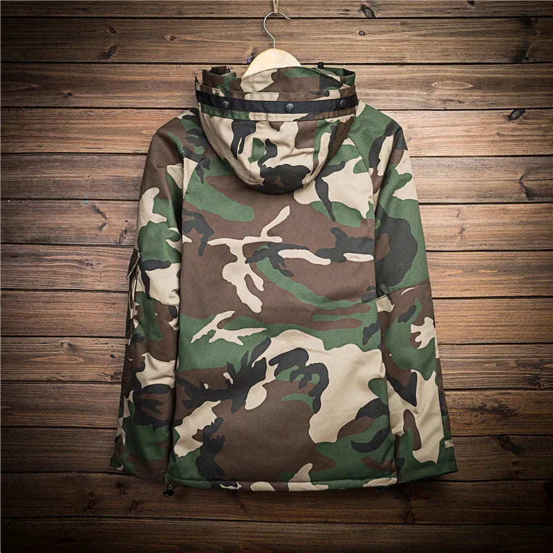 Men's winter camouflage cotton jacket with zip closure and hood, camouflage pattern, sizes S-XXXL