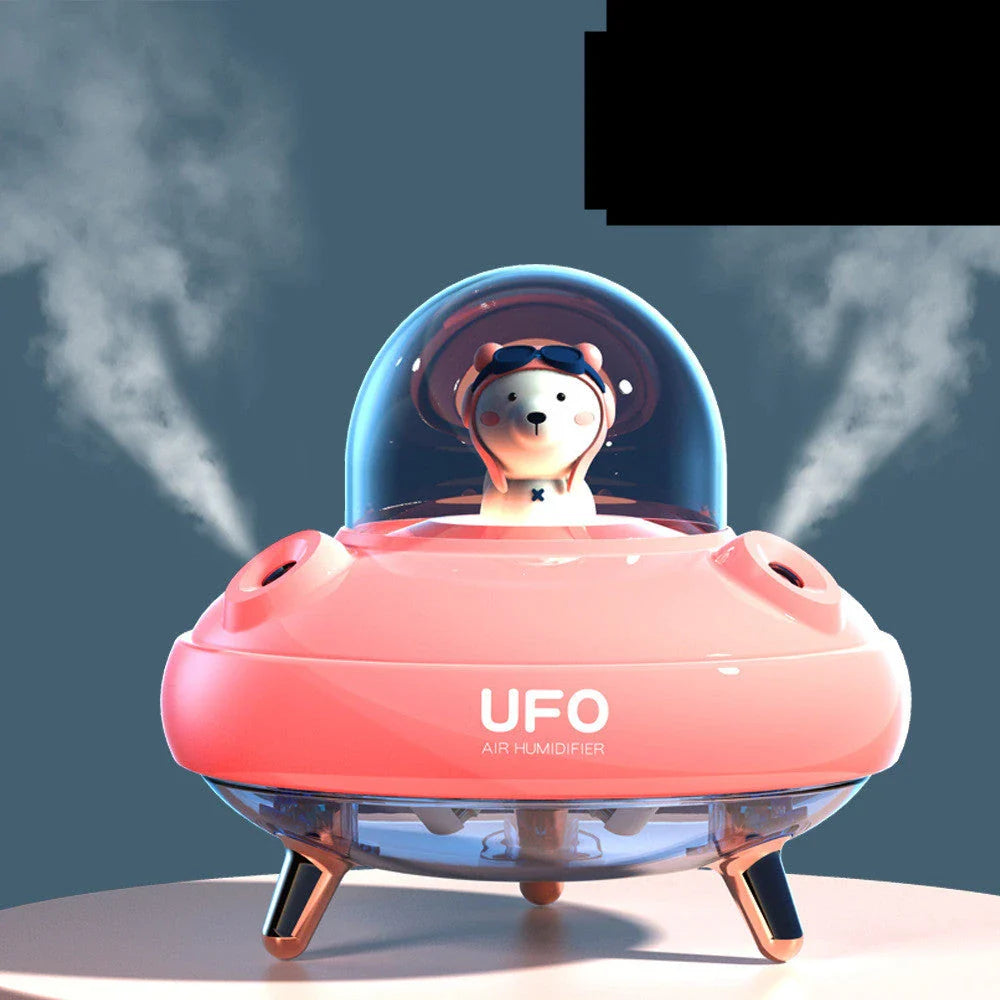 Wireless UFO-shaped air humidifier with dual nozzles and cute cartoon bear design, perfect for adding moisture and style to any Kiwi home