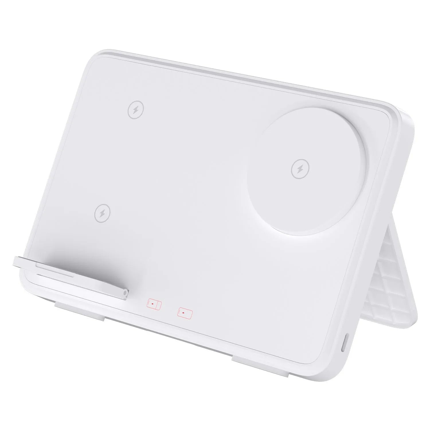 Three-in-one wireless charger in ivory white with a smartphone placed on the charging pad and magnetic support visible