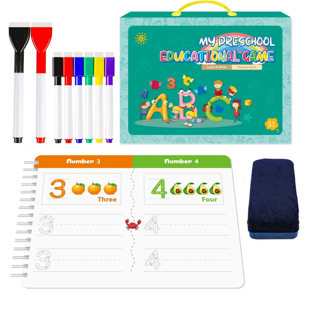 Montessori handwriting practice book with erasable pens and reward stickers in gift box packaging