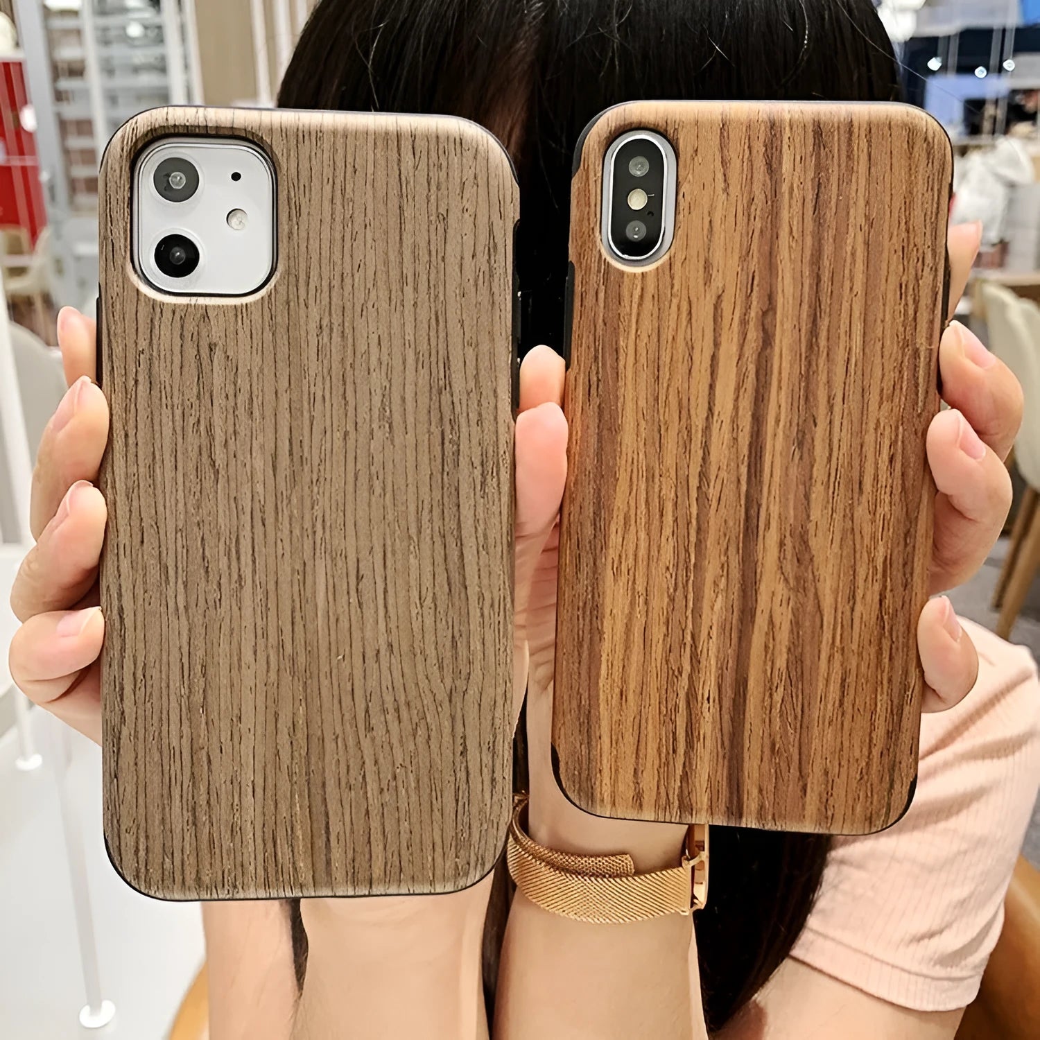 Slim wooden iPhone back cover case in a natural rosewood woodgrain finish.