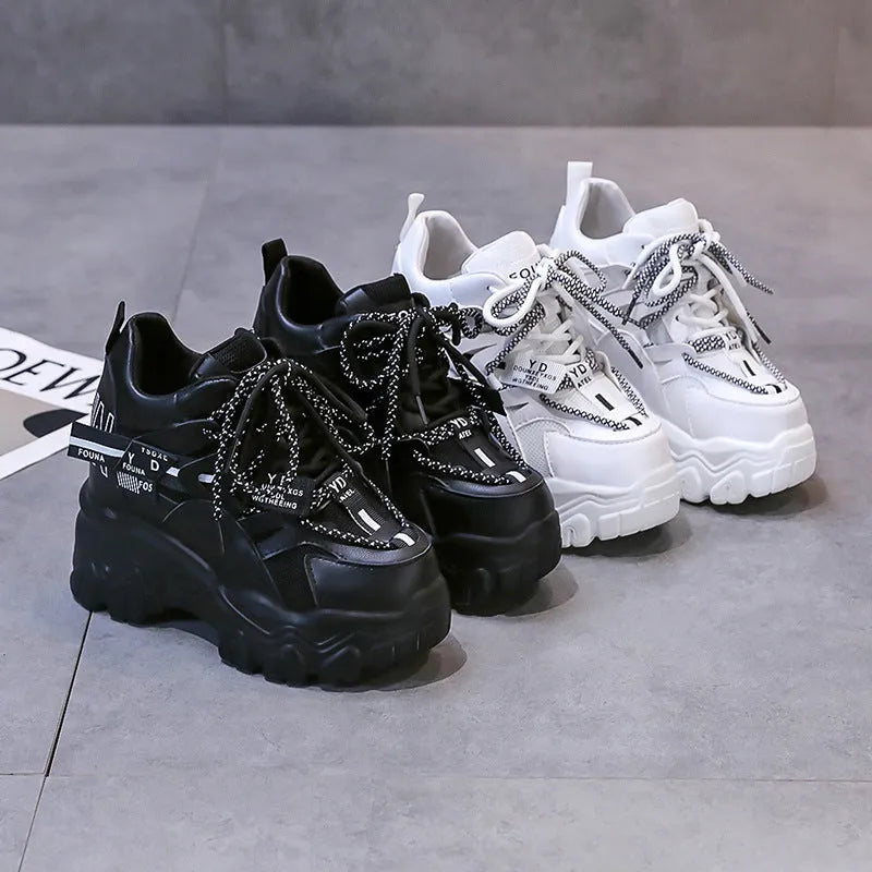 Women's white mesh platform shoes with cross strap and 6-8cm rubber sole heel.