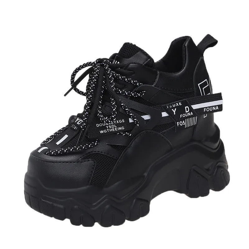 Women's white mesh platform shoes with cross strap and 6-8cm rubber sole heel.