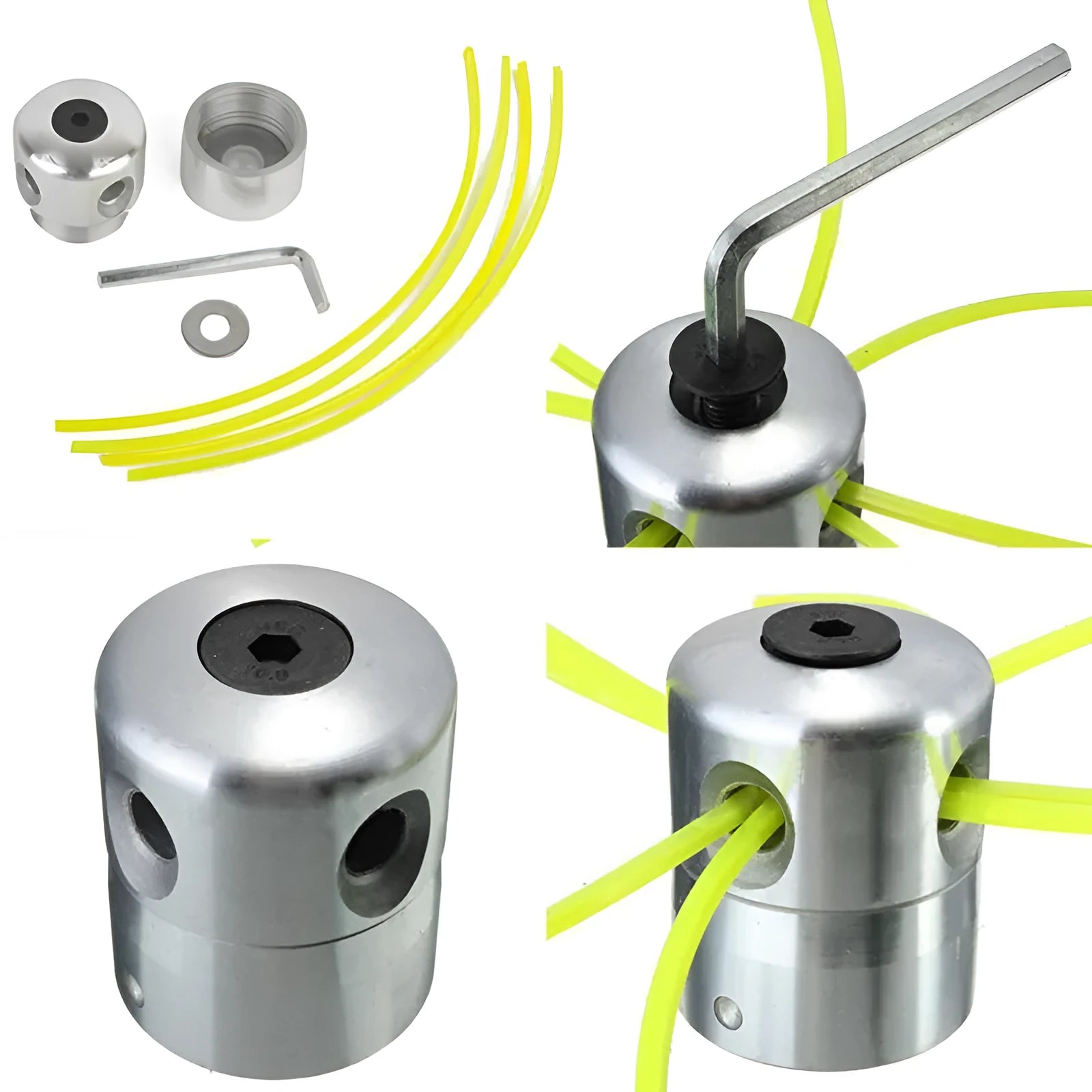 Silver aluminium lawn mower grass head kit with four light yellow square trimmer ropes and a wrench.