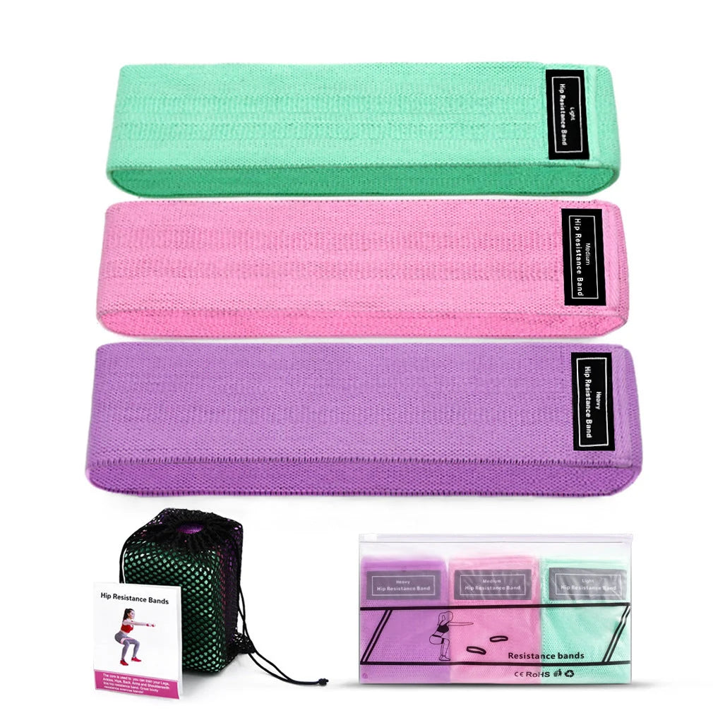 Latex mesh squat resistance band in lake blue, pink, and purple for hip and leg strengthening