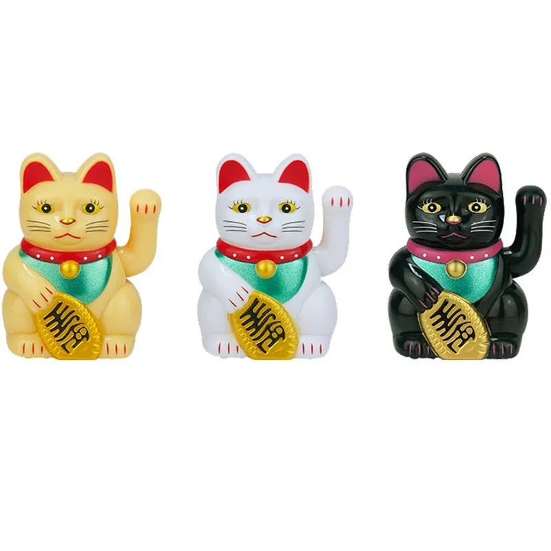 Solar powered Maneki Neko waving cat decoration in yellow, black, or white colours