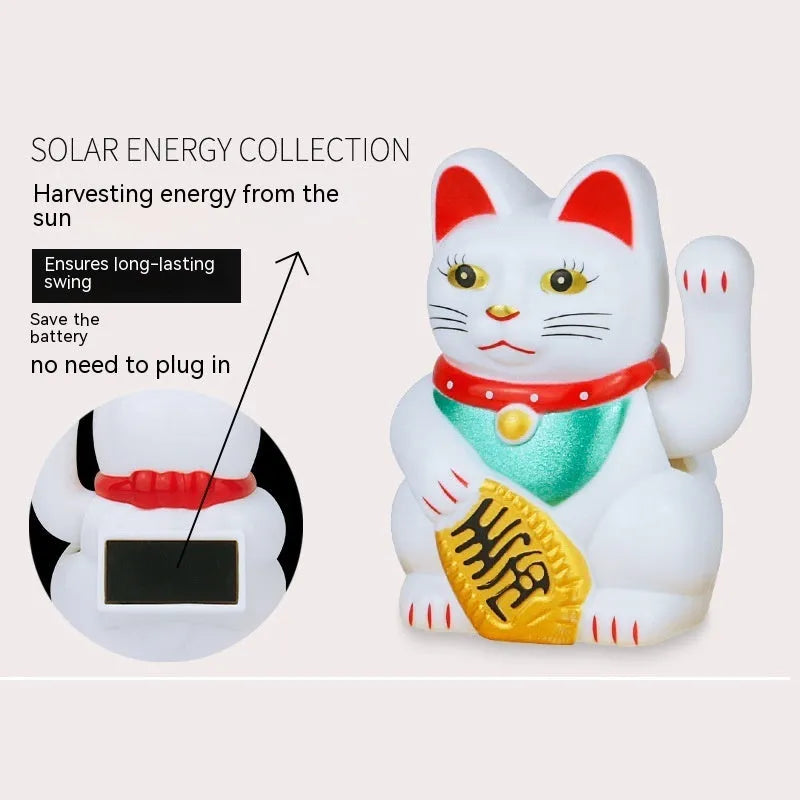 Solar powered Maneki Neko waving cat decoration in yellow, black, or white colours