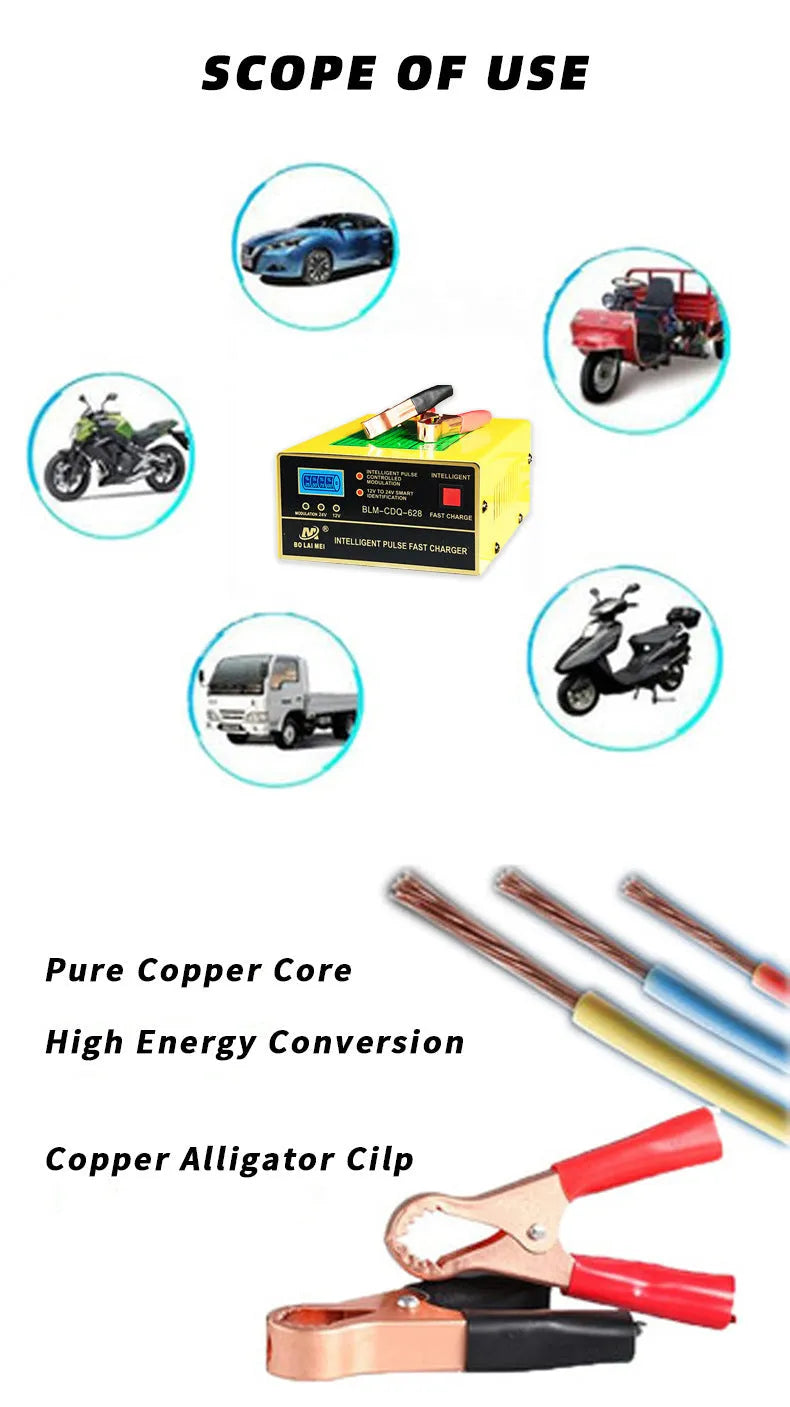 BT 168 model 12V and 24V intelligent automobile battery charger with American plug.