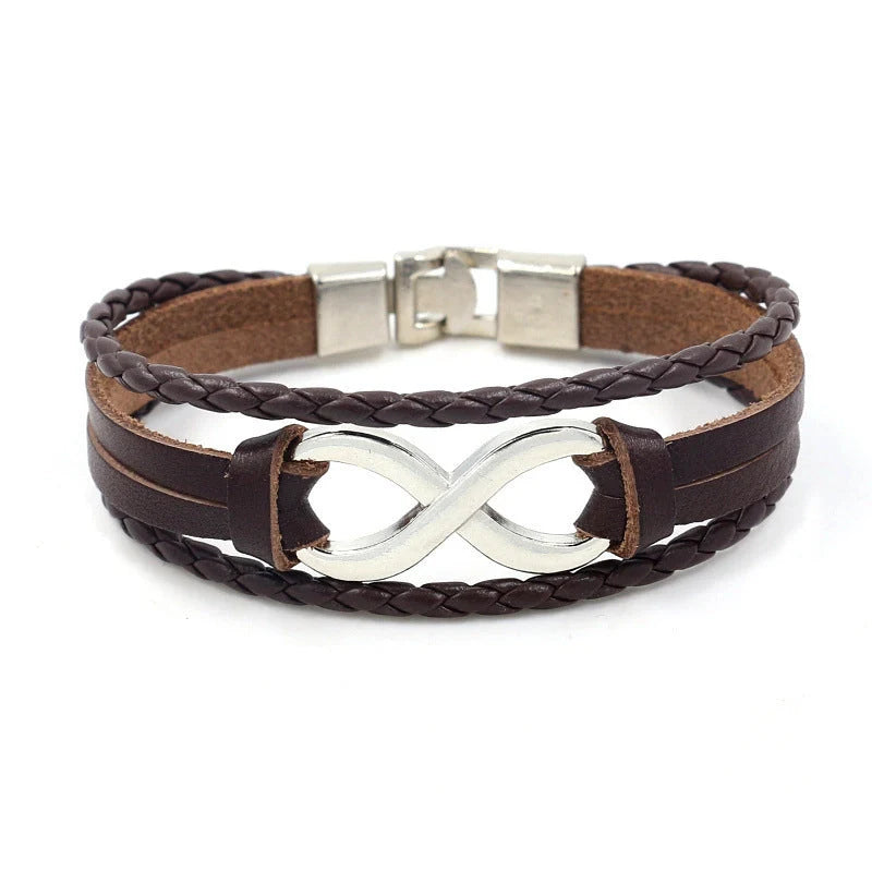 Alloy lucky figure 8 leather bracelet with adjustable leather strap and stainless steel accents