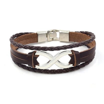 Alloy lucky figure 8 leather bracelet with adjustable leather strap and stainless steel accents