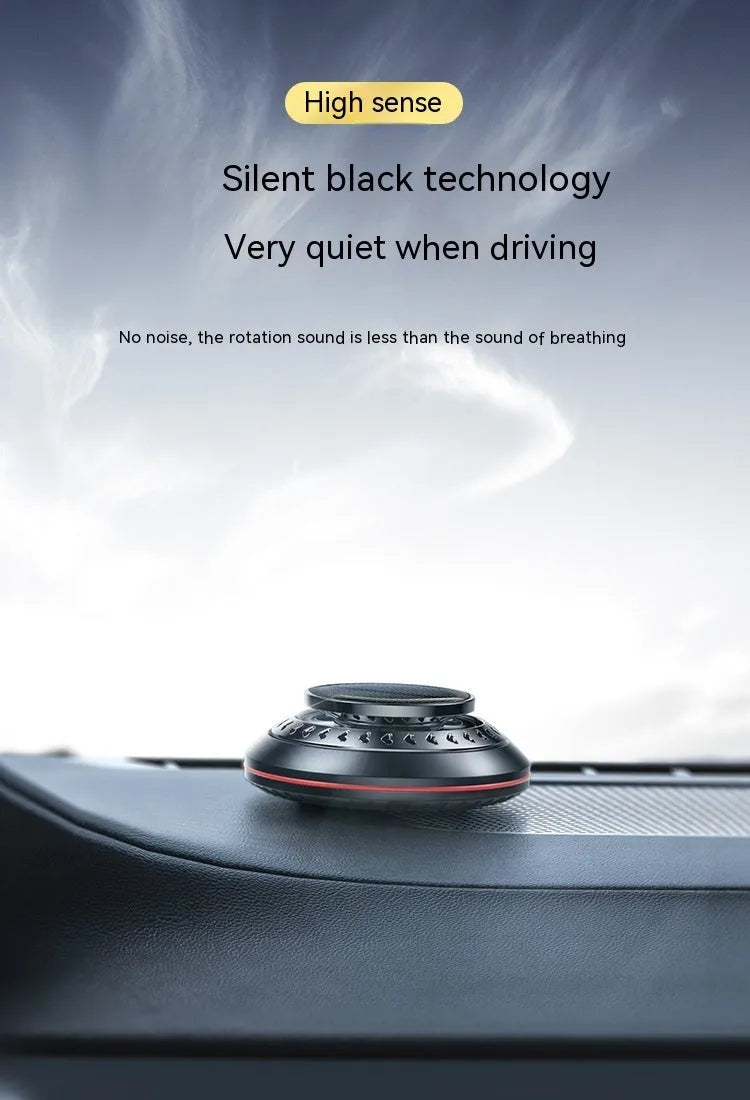 Solar-powered aluminium alloy car air freshener with wood scent slices, measuring 80mm tall.
