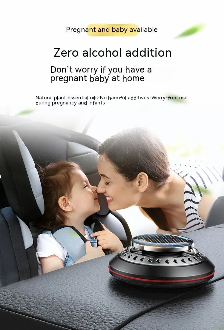 Solar-powered aluminium alloy car air freshener with wood scent slices, measuring 80mm tall.
