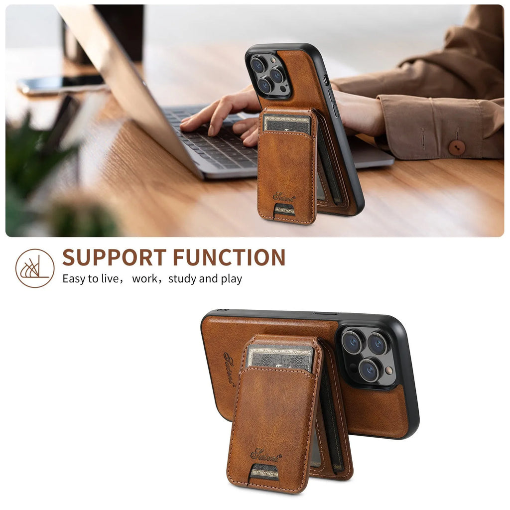 Magnetic card holder phone case for iPhone with stand bracket in Black, showing card slot and wireless charging compatibility