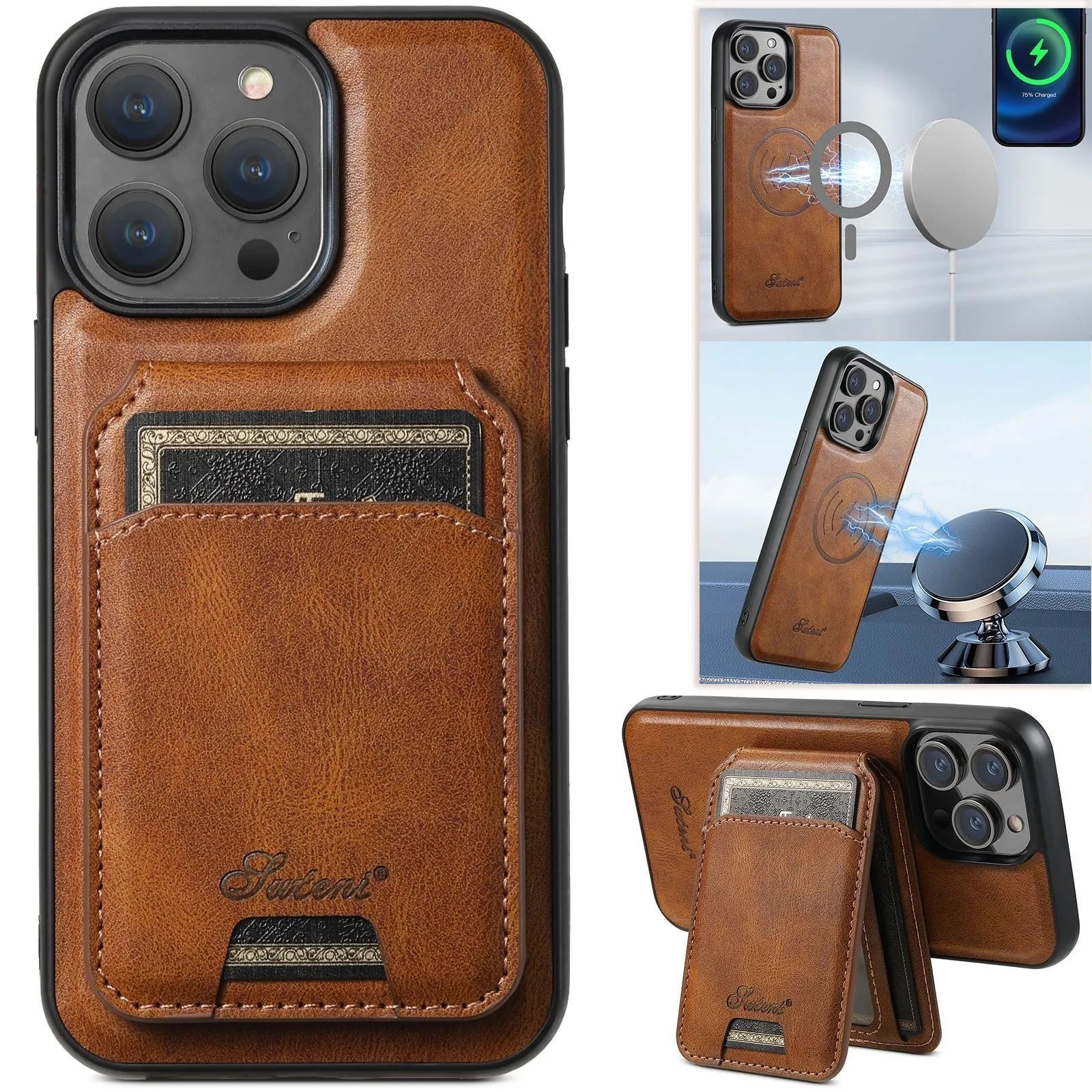Magnetic card holder phone case for iPhone with stand bracket in Black, showing card slot and wireless charging compatibility